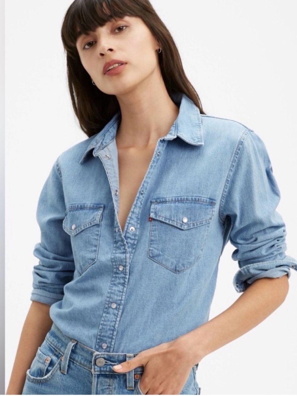 Levi's Light Wash Denim Western Shirt Light Blue 100% Cotton, EUC!